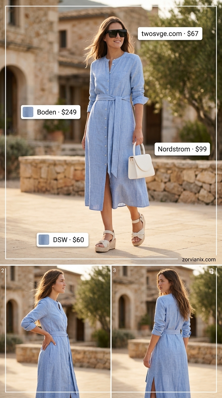 Modest Summer Outfits 2026: Riviera Maxi Dress Modest summer outfits for women 2026: Sky blue linen maxi dress, white tote, and espadrilles for resort wear.
