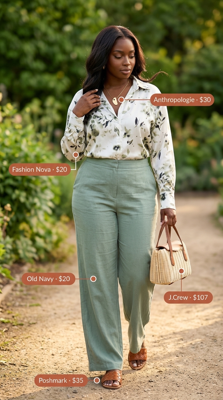 Modest Summer Outfits 2026: Garden Brunch Look Modest summer outfits for women 2026: Sage green pants, floral blouse, woven bag, gold necklace, leather sandals.