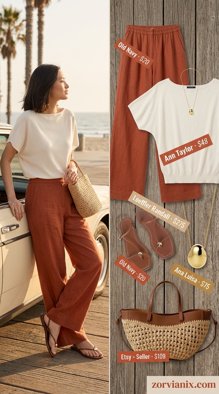 Modest Summer Outfits 2026: Chic Dinner Look Modest summer outfits for women 2026: Terracotta linen pants, cream knit top, gold necklace, straw tote.