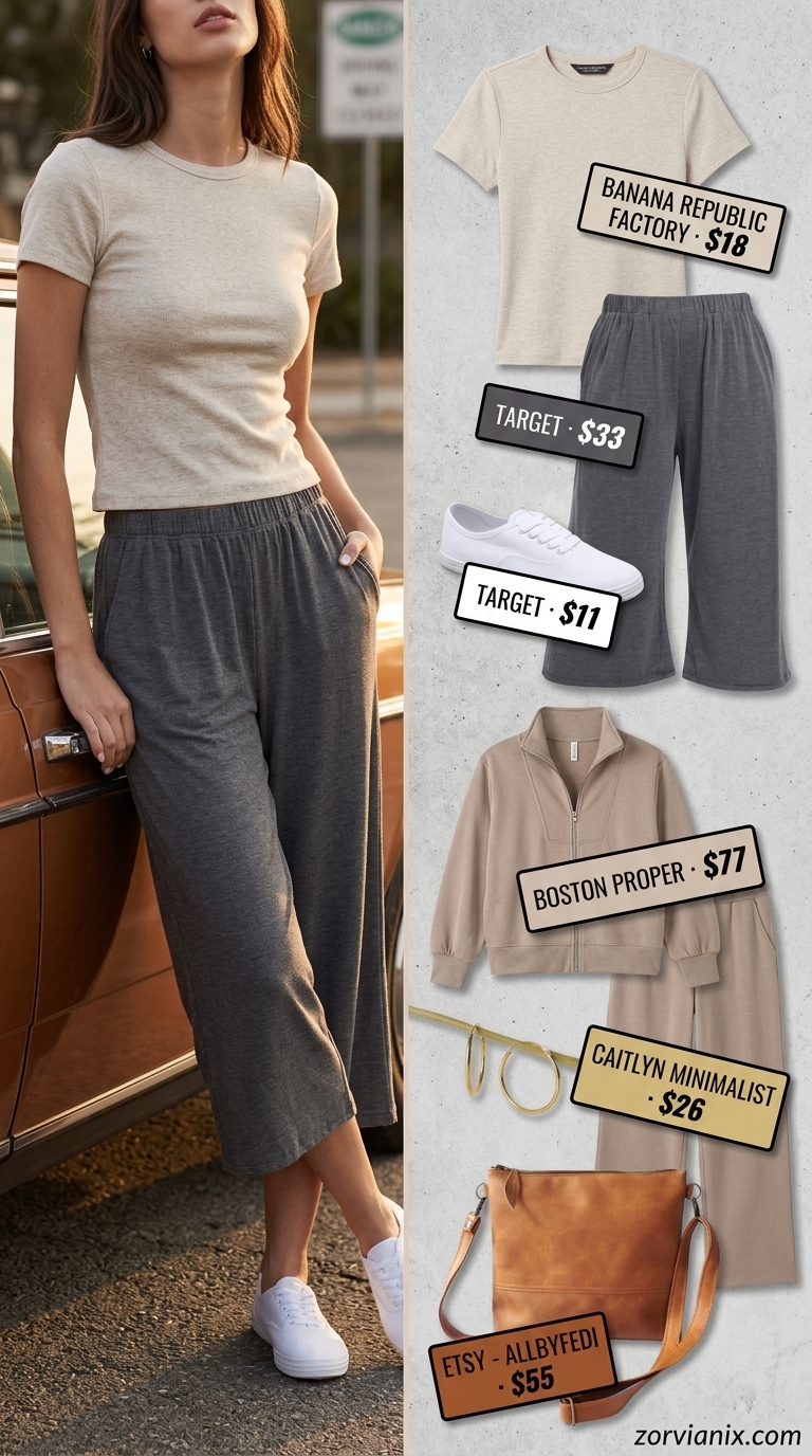 Modest Summer Outfits 2026: Urban Comfort Culottes Modest summer outfits for women 2026: Charcoal grey culottes, oatmeal top, and cognac bag for city exploration.