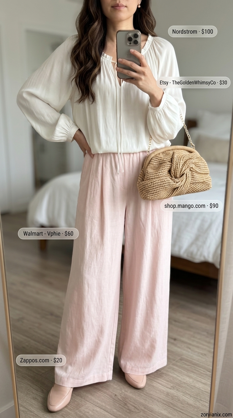 Modest Summer Outfits 2026: Blush Linen Trousers Modest summer outfits for women 2026: Blush pink linen trousers and ecru blouse for a feminine brunch outfit.