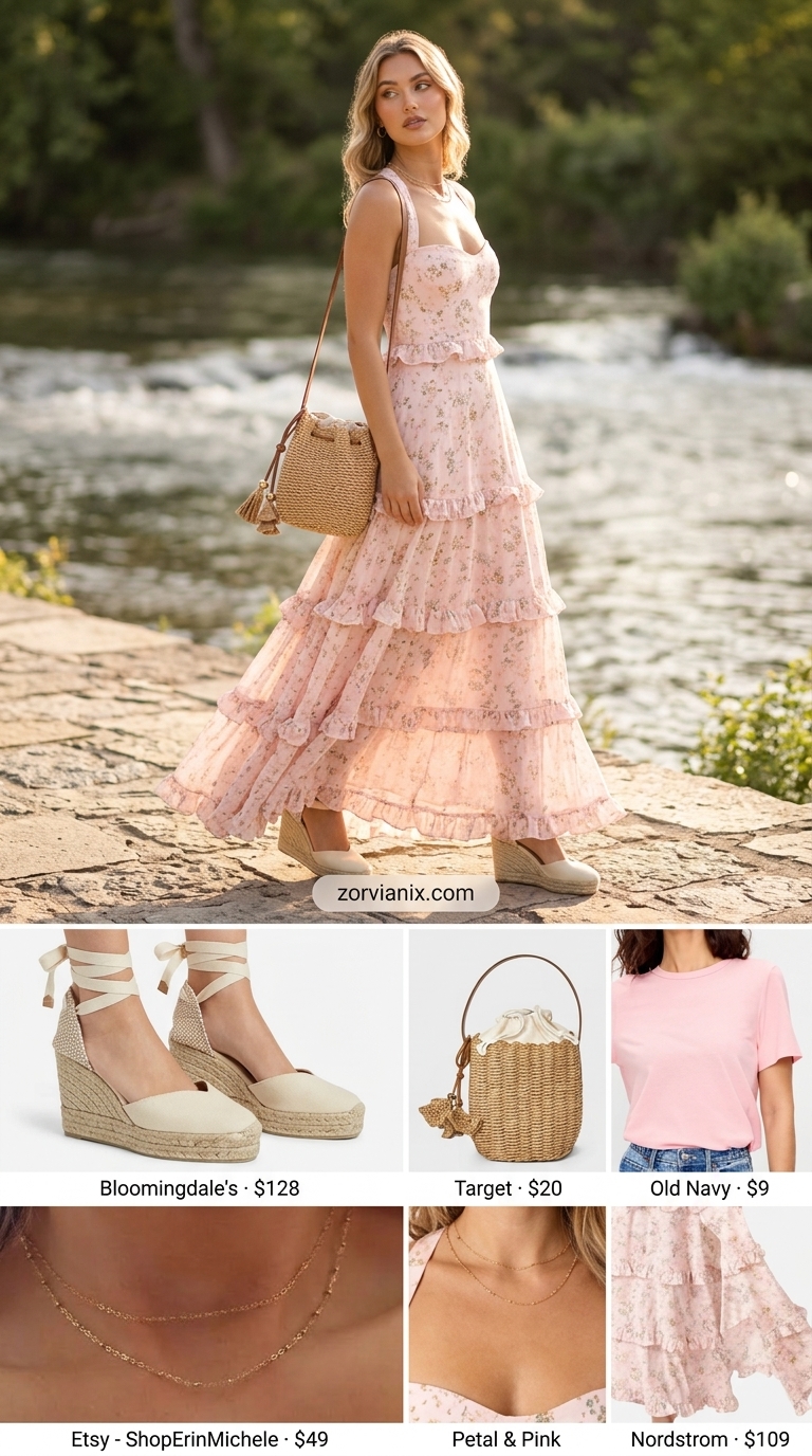 Modest Summer Outfits 2026: Dreamy Maxi Dress Modest summer outfits for women 2026: Blush pink flowy maxi dress for a dreamy cafe date or riverside walk.