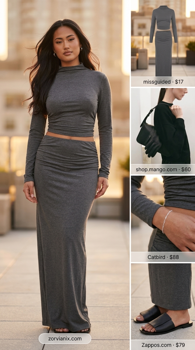 Modest Summer Outfits 2026: Charcoal Knit Set Modest summer outfits for women 2026: Charcoal grey knit set for sophisticated terrace drinks or a casual dinner.