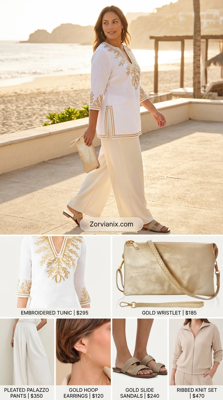 Modest Summer Outfits 2026: Elegant Tunic Set Modest summer outfits for women 2026: Ivory embroidered tunic top and palazzo pants for a sophisticated resort dinner.