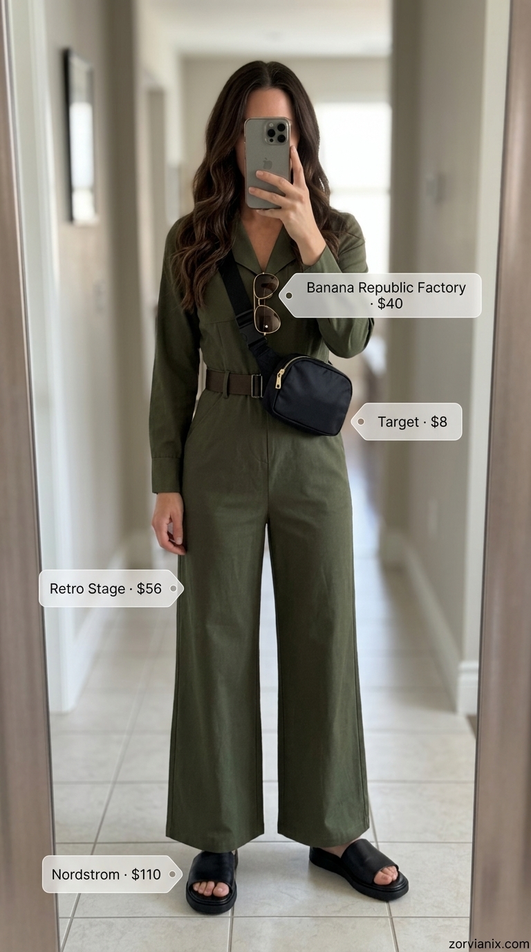 Modest Summer Outfits 2026: Khaki Utility Jumpsuit Modest summer outfits for women 2026: Khaki utility jumpsuit for adventurous summer travel or a casual day out.