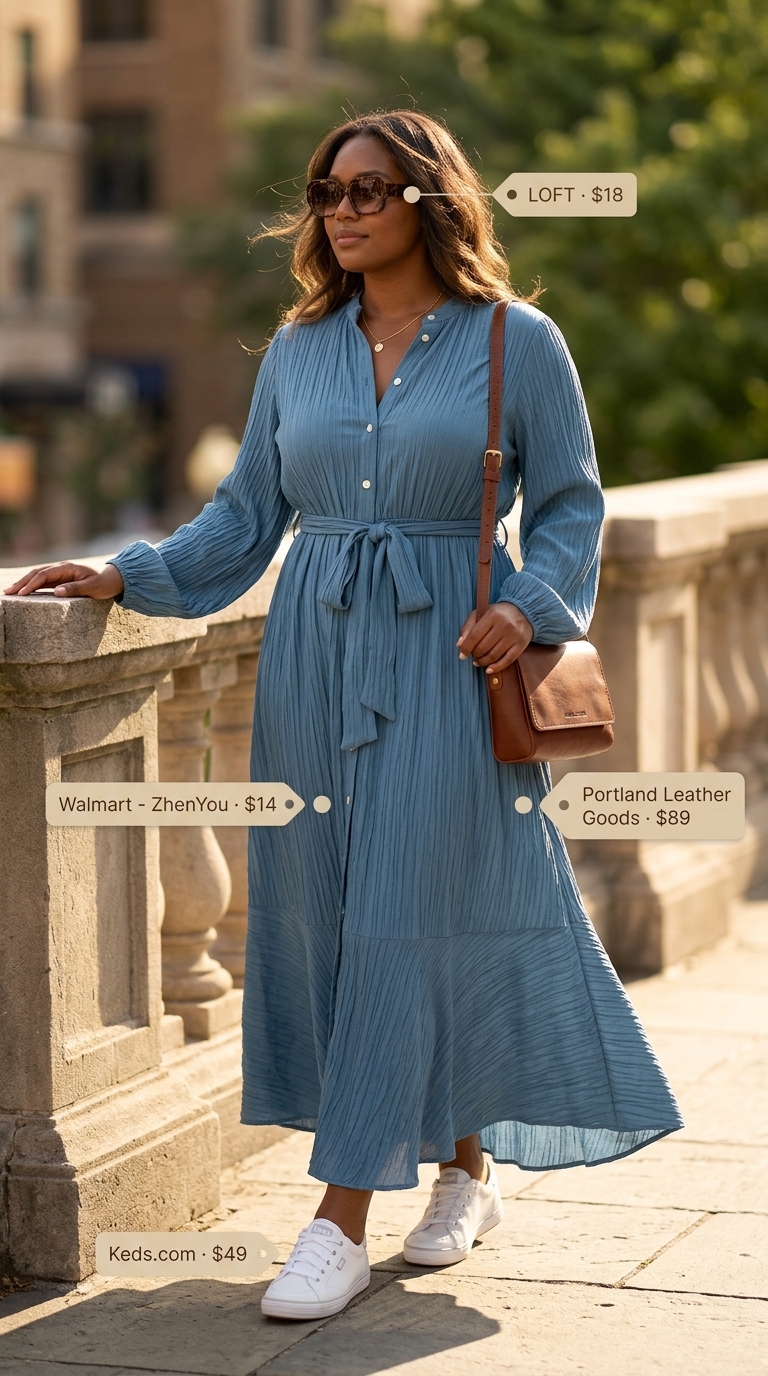 Modest Summer Outfits 2026: Navy Maxi Shirt Dress Modest summer outfits for women 2026: Navy blue maxi shirt dress for a polished coastal city escape or sightseeing.