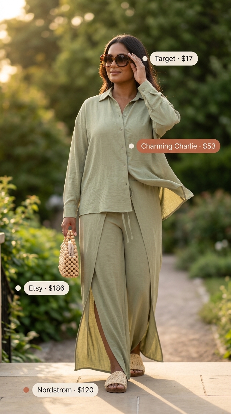Modest Summer Outfits 2026: Chic Co-ord Set Modest summer outfits for women 2026: Sage green and cream linen co-ord set for resort dinner or casual event.