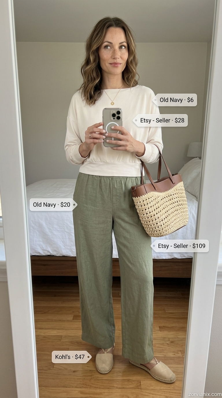 Modest Summer Outfits 2026: Sage Linen Pants Modest summer outfits for women 2026: Sage green linen pants and cream knit top for relaxed weekend errands.