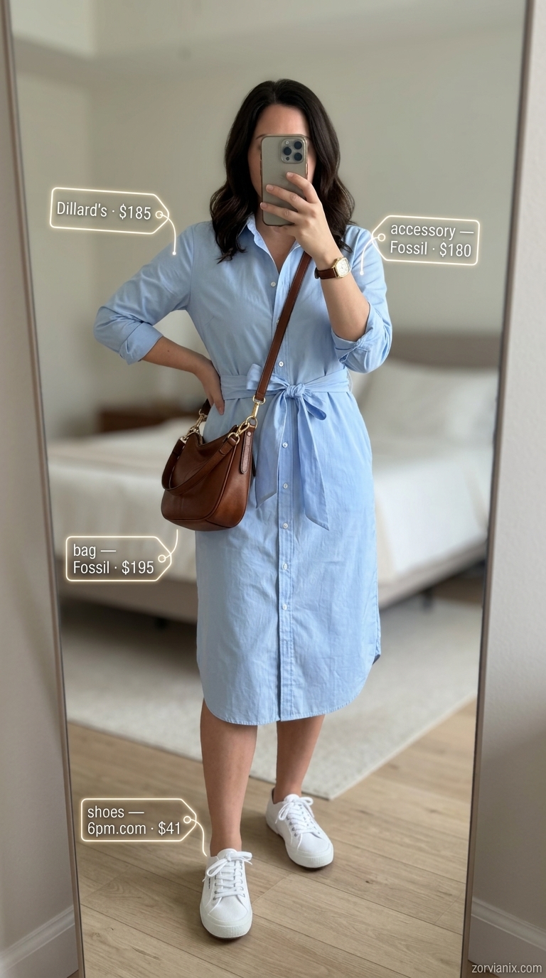 Modest Summer Outfits 2026: Sky Blue Shirt Dress Modest summer outfits for women 2026: Sky blue shirt dress for a classic lakeside lunch or casual work day.