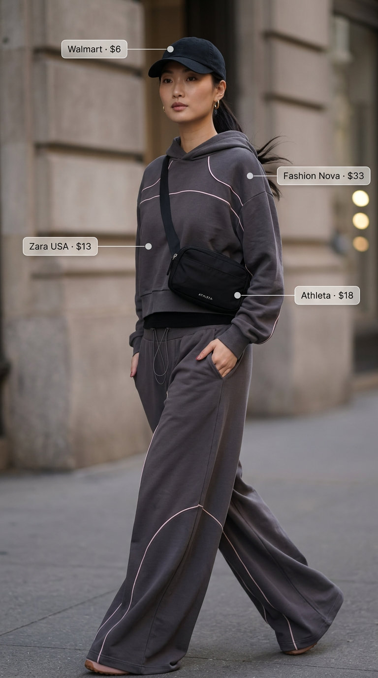 Charcoal grey oversized hoodie and sweatpants set for women 2026. Elevated athleisure travel outfit.