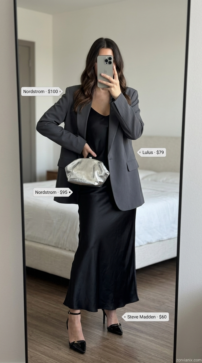 Oversized charcoal grey blazer over a black slip dress for women 2026. Chic evening outfit with heels.