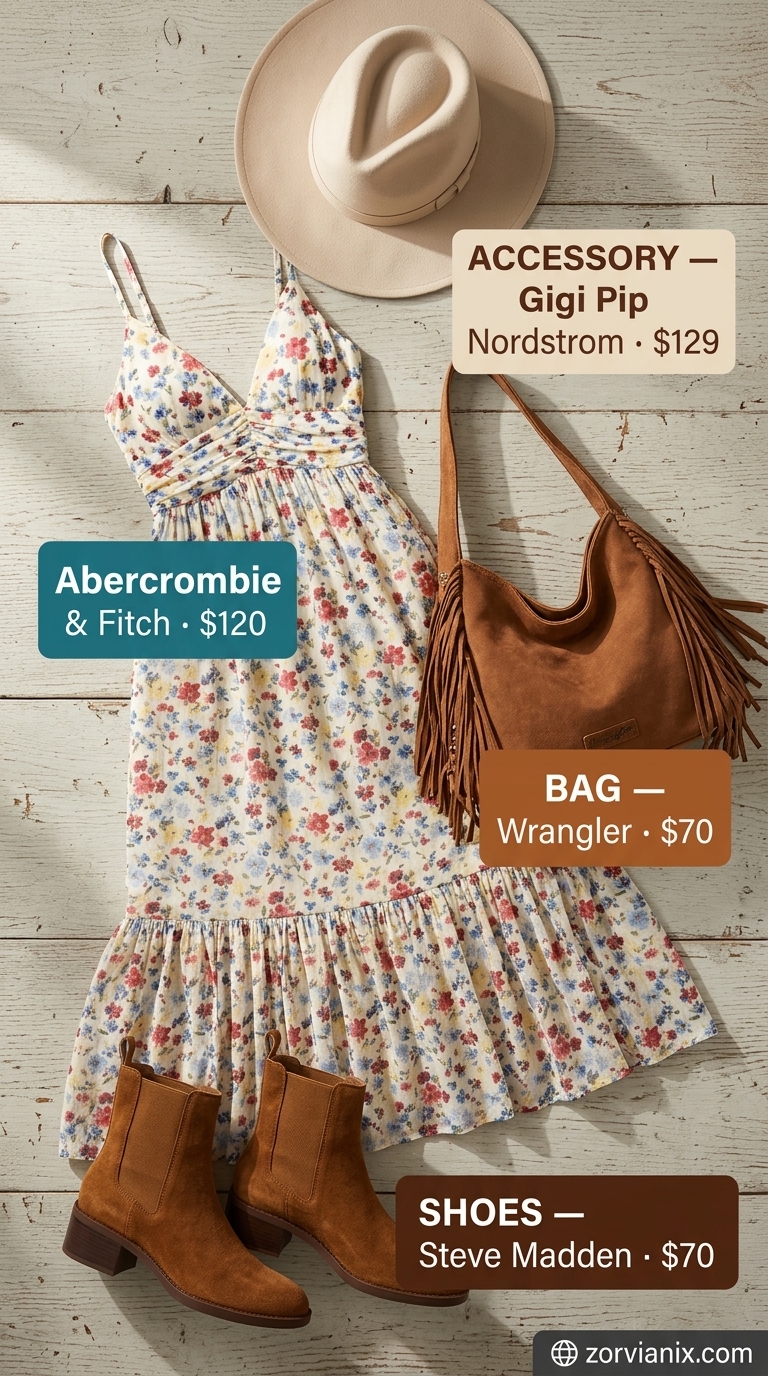 Oversized summer outfit for women 2026: Floral maxi dress, felt hat, fringe bag, suede boots.