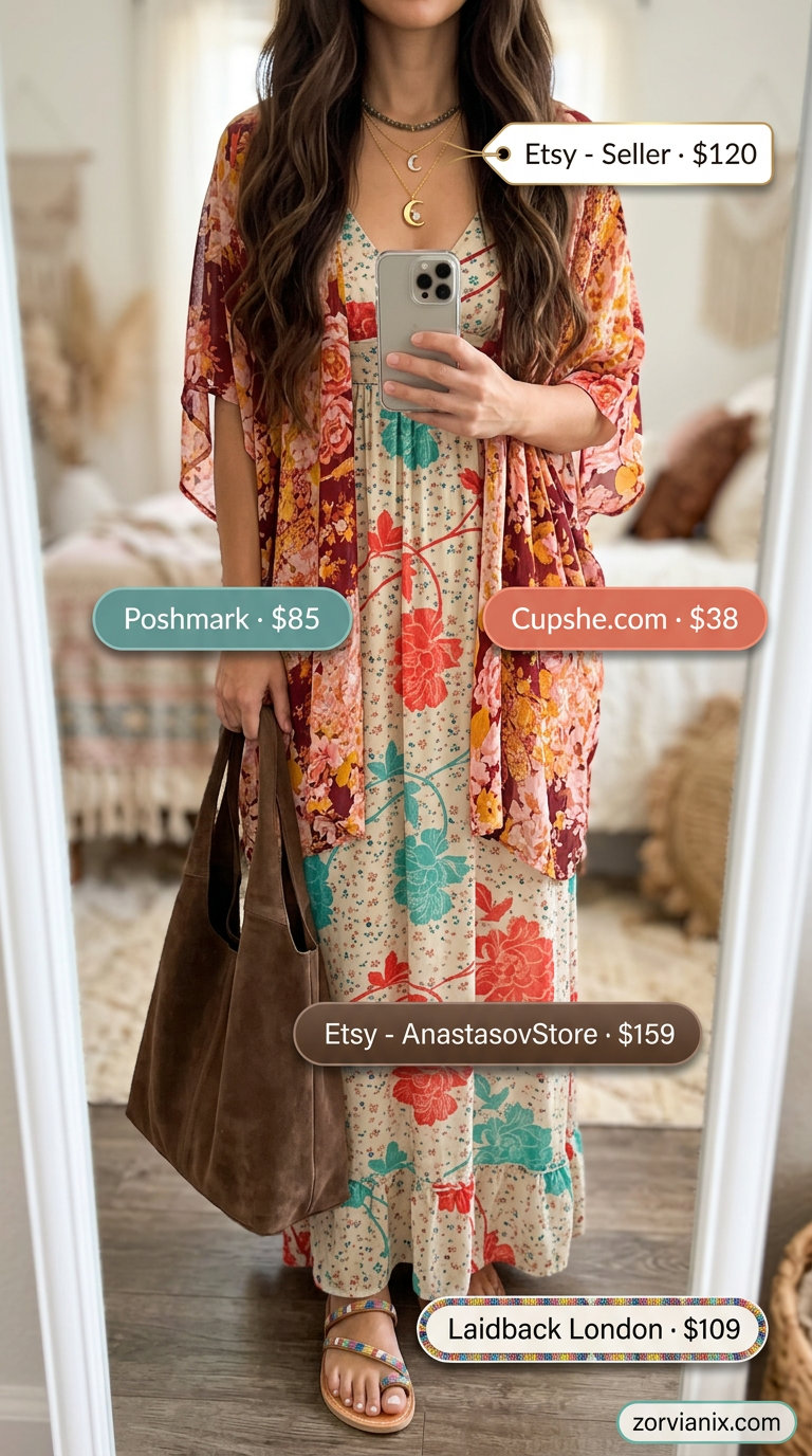 Oversized summer outfit for women 2026: Floral maxi dress, oversized kimono, suede bag, embellished sandals.