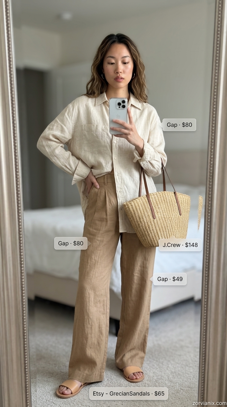 Oversized summer outfit for women 2026: Cream linen set, straw tote, gold hoops, leather slides.