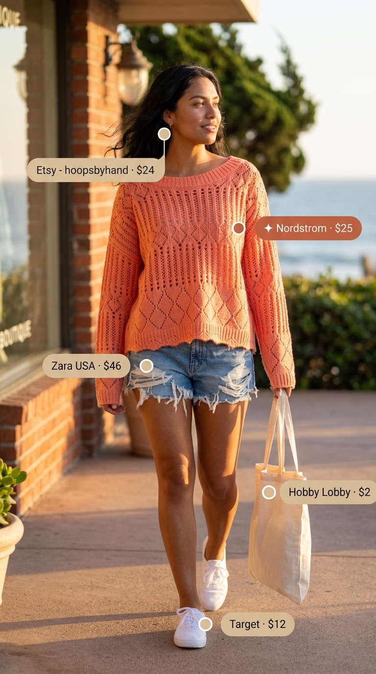 Oversized summer outfit for women 2026: Coral knit sweater, denim shorts, white sneakers for a sunset glow look.