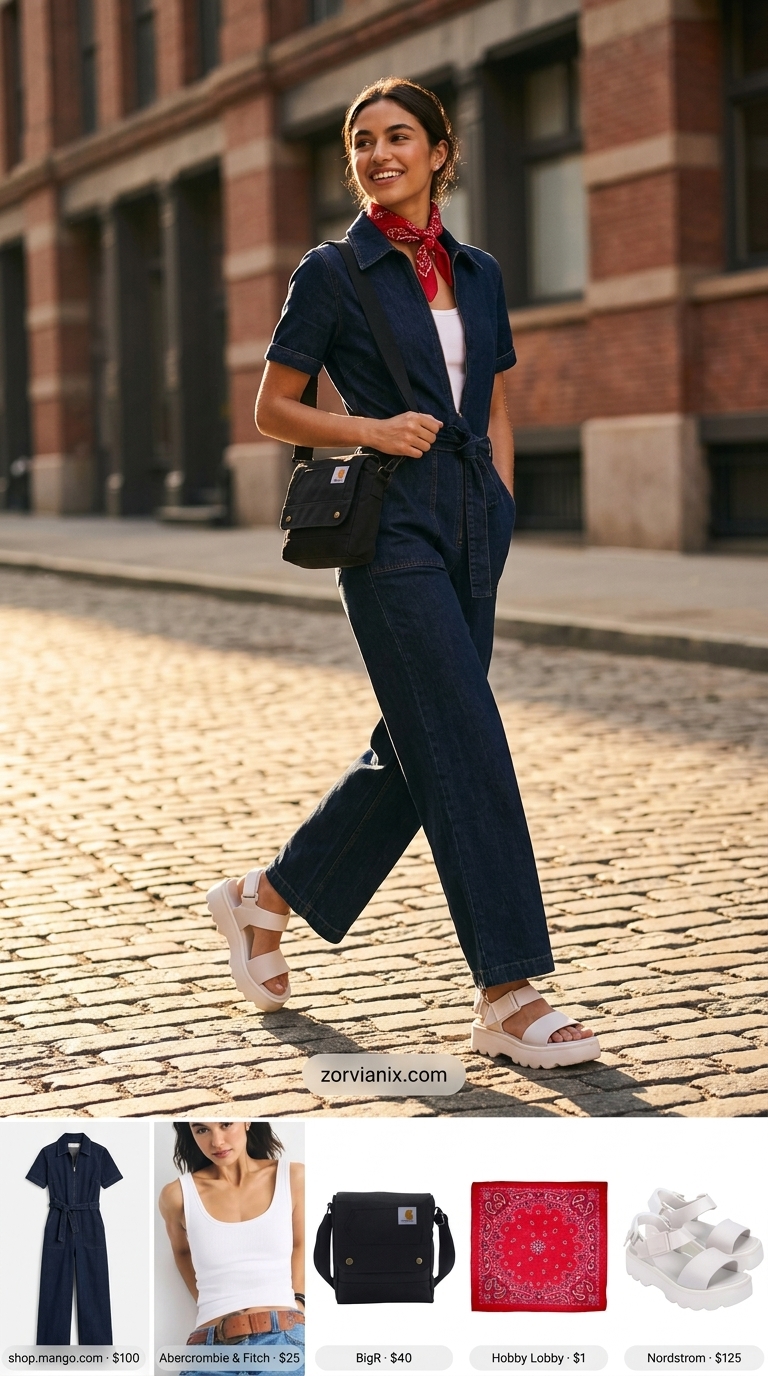 Oversized dark wash denim jumpsuit outfit for women 2026. Retro casual look with platform sandals.