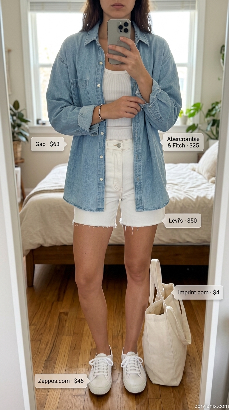 Oversized summer outfit for women 2026: Light blue denim shirt, white tank, denim shorts, and sneakers for weekend errands.