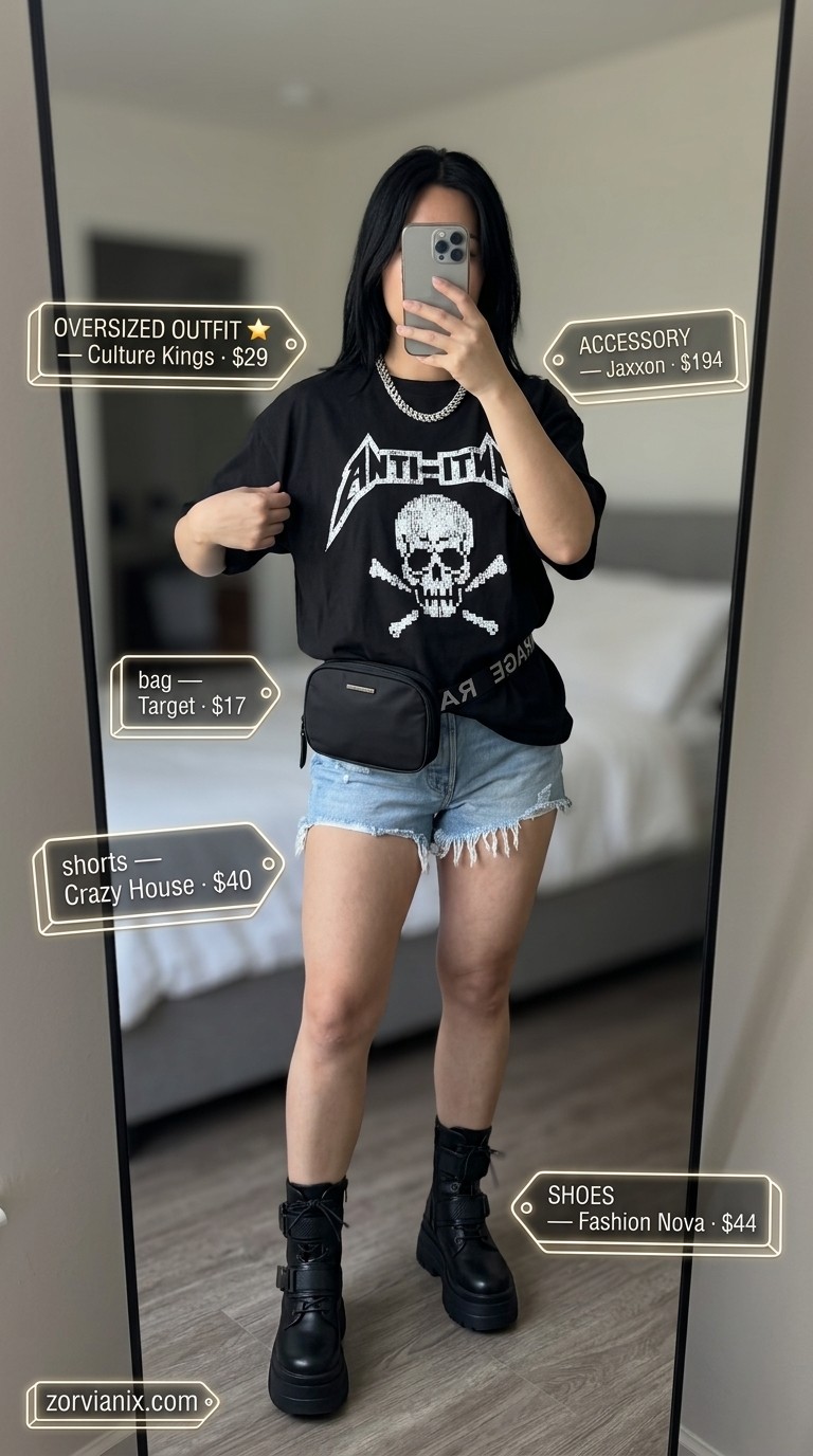 Oversized graphic band tee and denim shorts outfit for women 2026. Edgy festival look with combat boots.