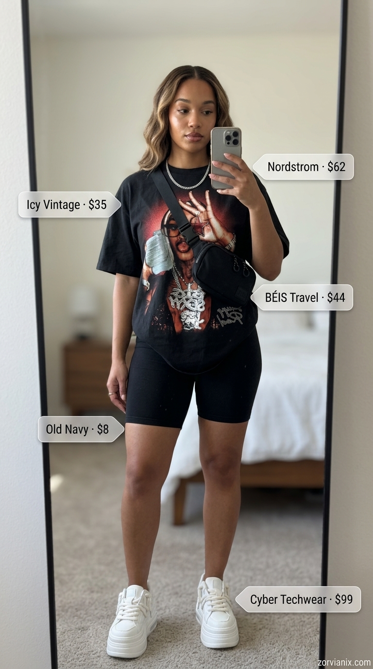 Oversized summer outfit for women 2026: Graphic tee, biker shorts, platform sneakers, belt bag.