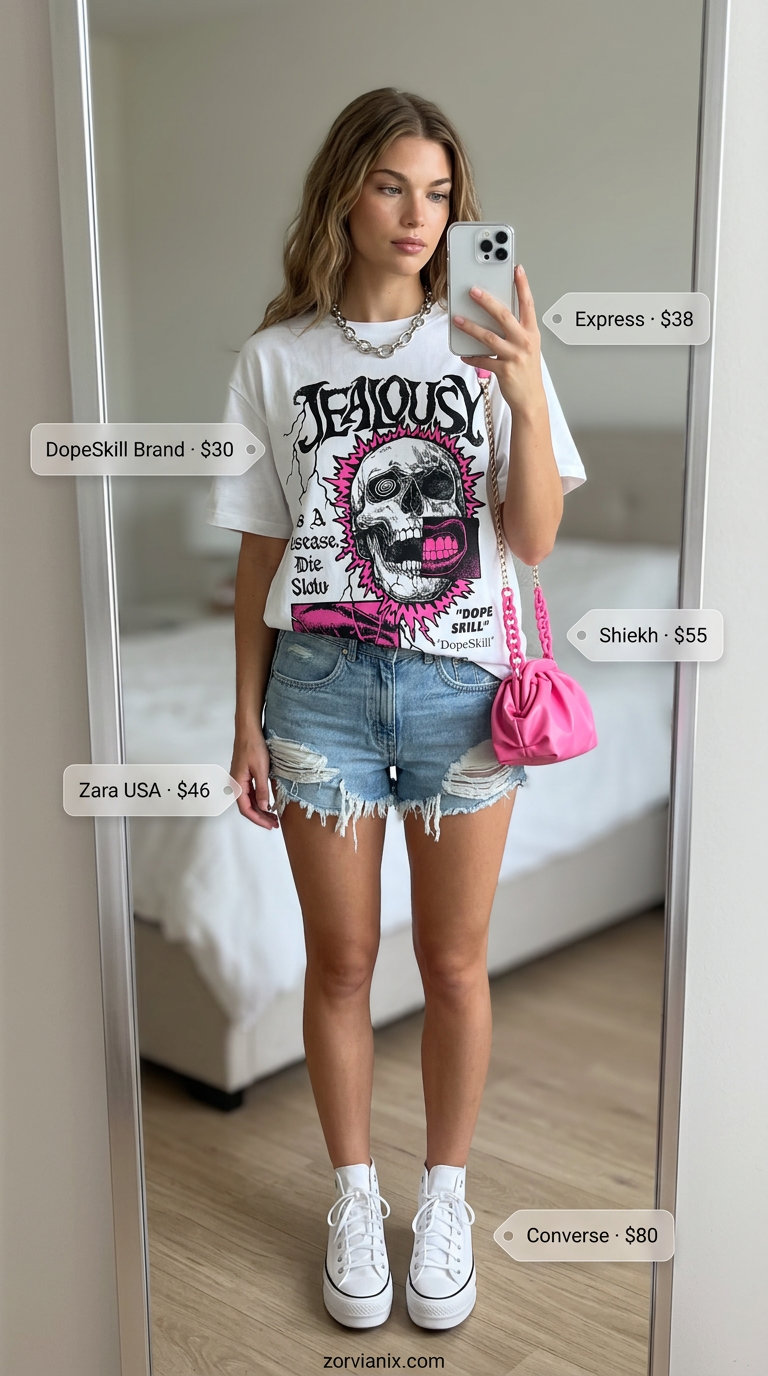 Oversized summer outfit for women 2026: White graphic tee, distressed denim shorts, pink bag, and platform sneakers.