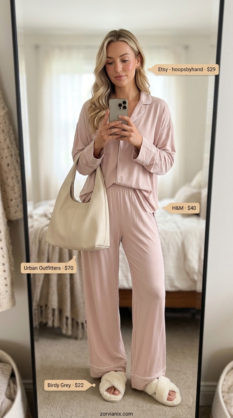 Oversized summer outfit for women 2026: Cozy blush pink knit lounge set with cream slippers and gold earrings for travel.