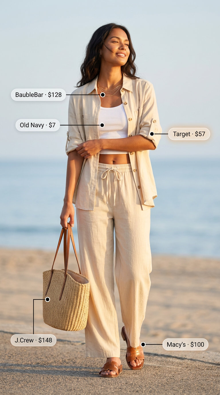 Cream oversized linen button-down shirt and wide-leg pants set for women 2026. Coastal chic outfit.