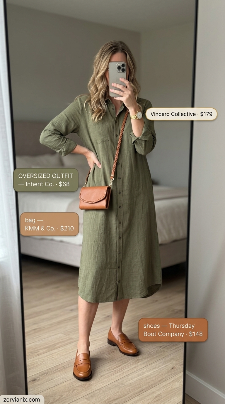 Oversized olive green linen shirt dress outfit for women 2026. Smart casual look with tan loafers and bag.