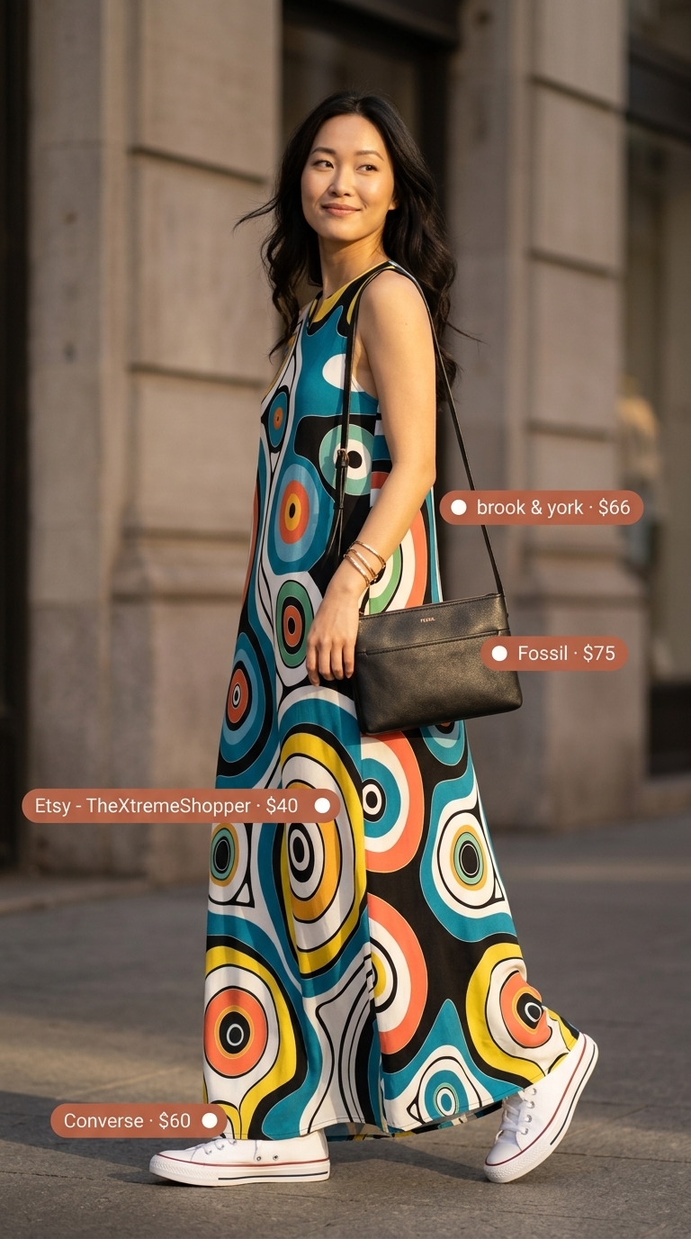 Teal and coral abstract print oversized maxi dress for women 2026. Bohemian city exploration outfit.