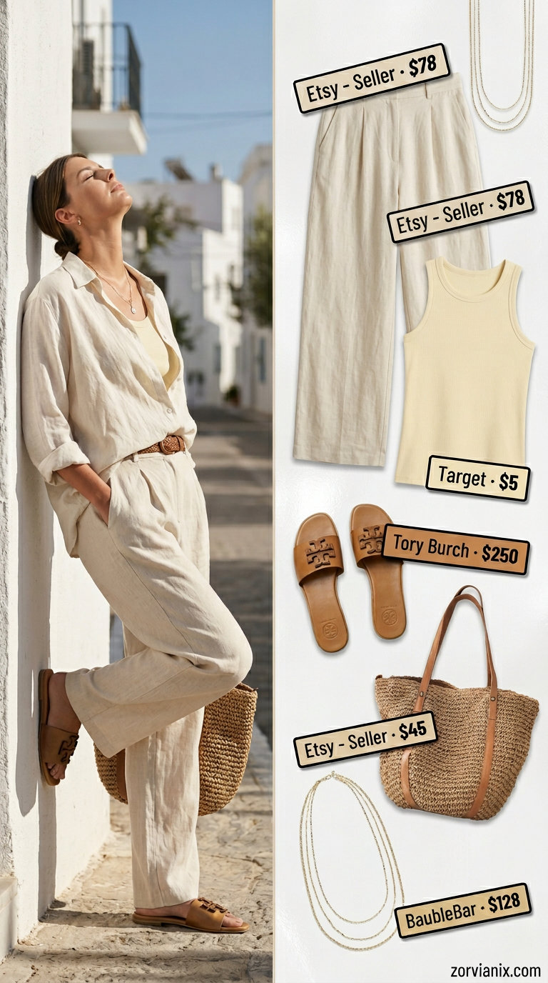 Oversized summer outfit for women 2026: Beige linen set, cream tank, layered necklaces, straw tote.