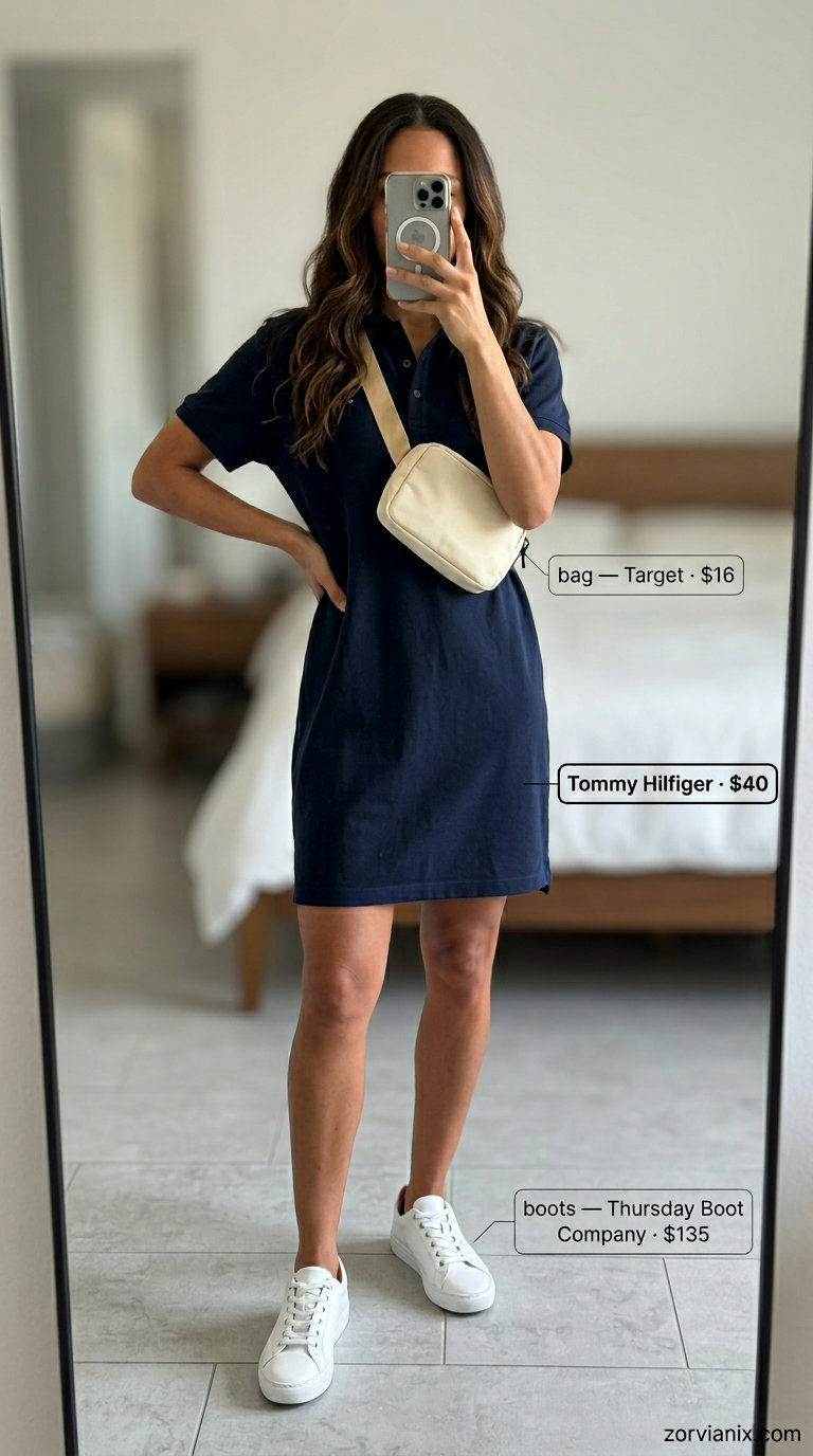 Oversized summer outfit for women 2026: Navy polo dress, white sneakers, and baseball cap for a preppy look.