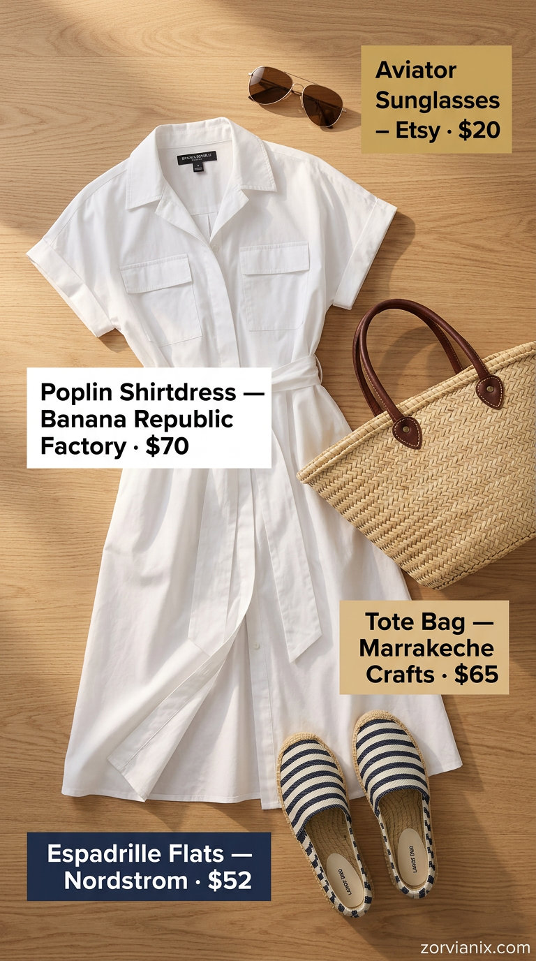 Oversized summer outfit for women 2026: White poplin shirt dress, navy espadrilles, and straw tote for coastal vibes.