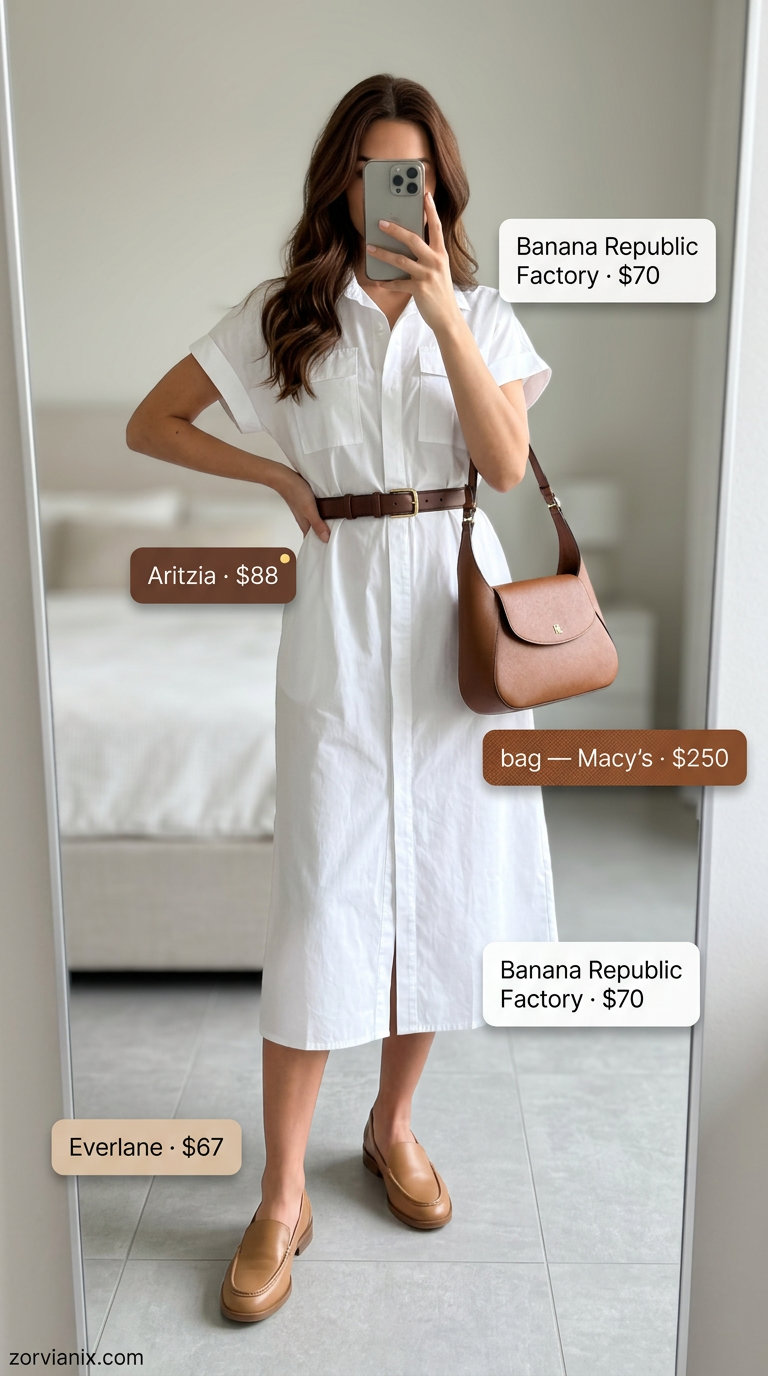 Oversized summer outfit for women 2026: White shirt dress, belt, loafers, shoulder bag.