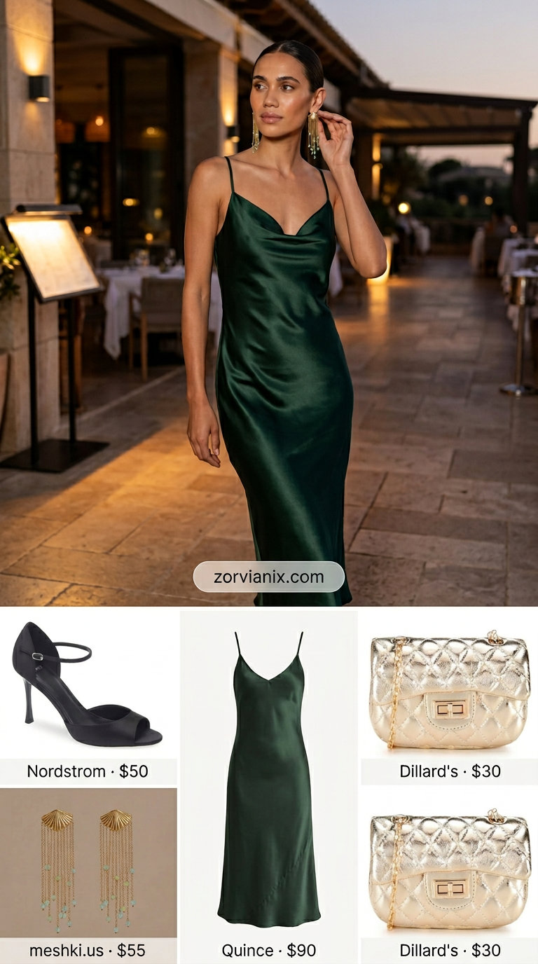 Oversized summer outfit for women 2026: Emerald green silk slip dress, gold earrings, and black sandals for date night.