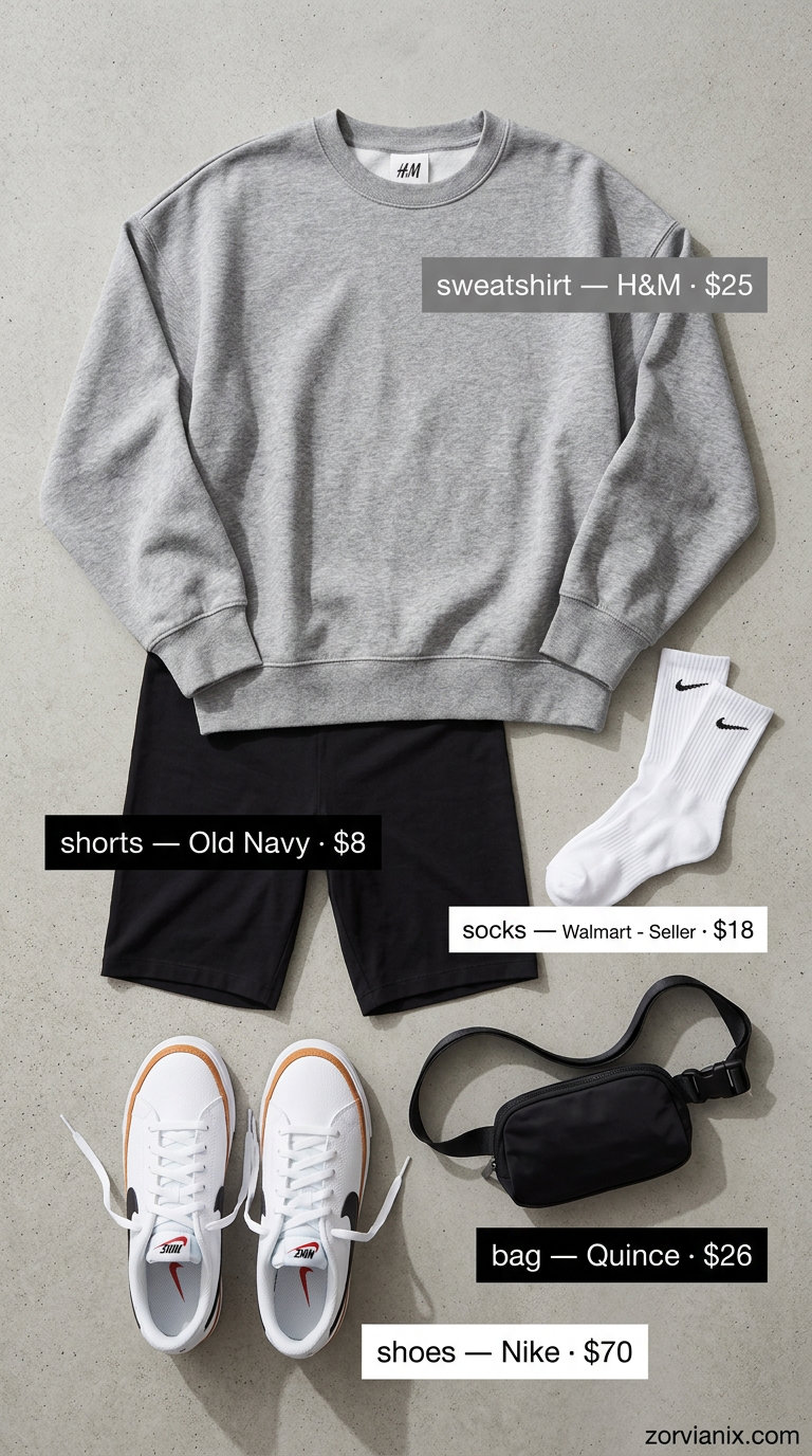 Oversized summer outfit for women 2026: Grey sweatshirt, biker shorts, white socks, sneakers, belt bag.
