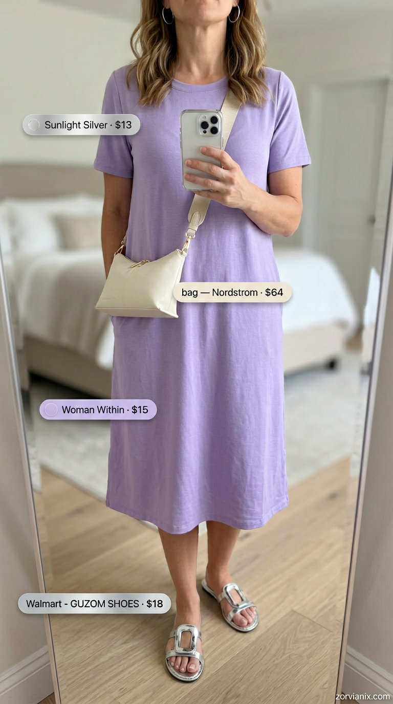 Soft lavender oversized t-shirt dress outfit for women 2026. Relaxed summer evening look with silver flats.