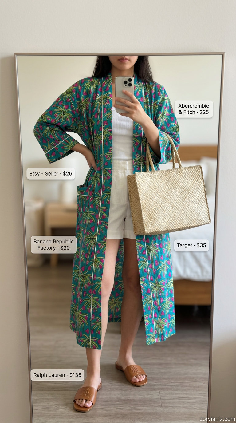 Oversized summer outfit for women 2026: Tropical print robe jacket, white linen shorts, and straw hat for vacation.