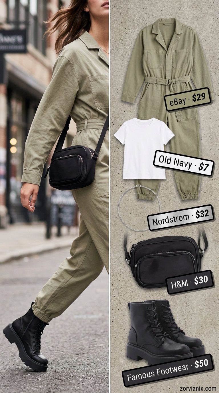 Oversized summer outfit for women 2026: Khaki utility jumpsuit, white tee, combat boots, crossbody bag.