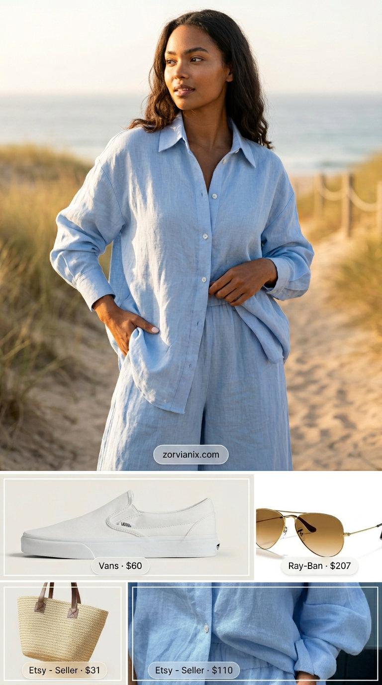 Baby blue linen set for pastel summer outfits for women 2026. Relaxed brunch look with straw tote and aviators.