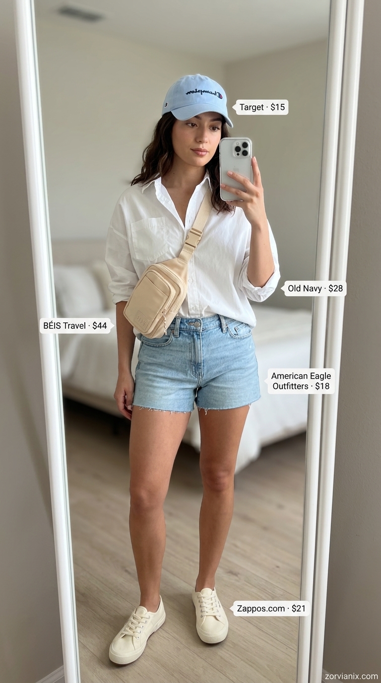 Pastel summer outfits for women 2026: Blue denim shorts, white shirt, blue cap, canvas sneakers for a picnic.