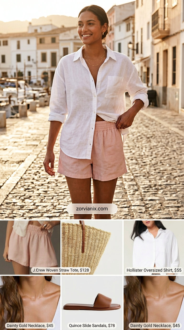 Blush pink linen shorts with an oversized white shirt and straw tote for pastel summer outfits for women 2026.