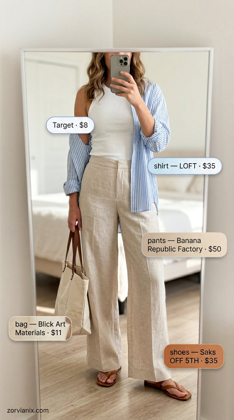 Pastel summer outfits for women 2026: Beige linen pants, white tank, blue shirt, tan sandals for coastal exploration.