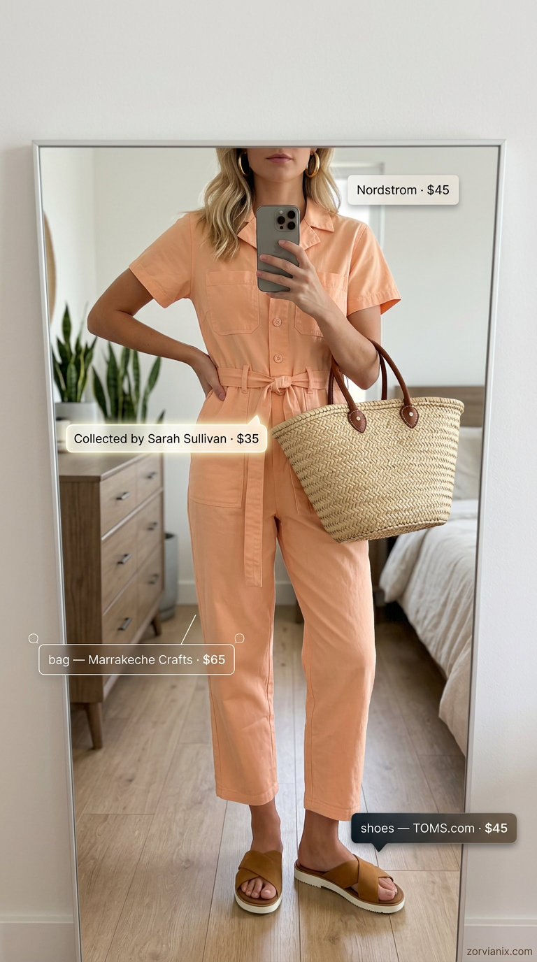 Coral utility jumpsuit with tan slide sandals and straw tote for pastel summer outfits for women 2026.