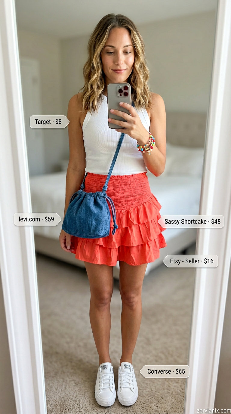 Coral mini skirt for pastel summer outfits for women 2026. Playful day out look with white tank and denim bag.