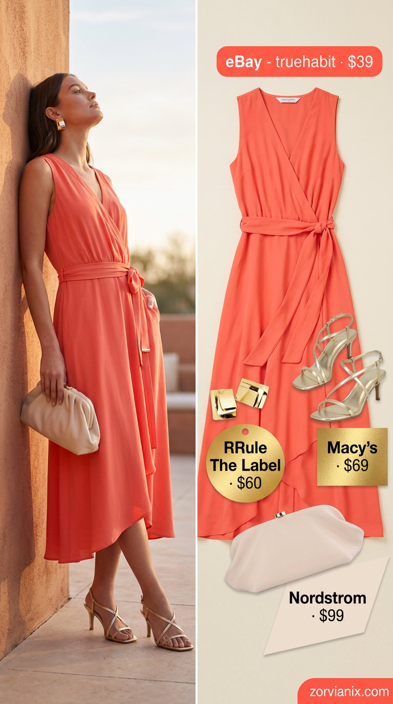 Coral wrap dress for pastel summer outfits for women 2026. Elegant evening look with gold heels and clutch.
