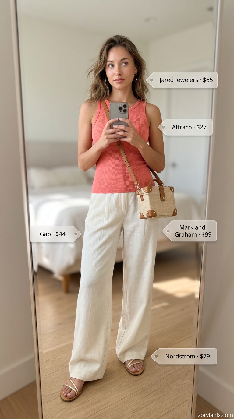 Cream linen pants for pastel summer outfits for women 2026. Sophisticated travel look with coral tank and raffia bag.