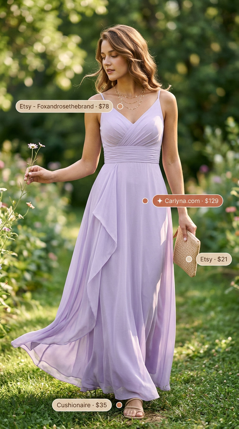 Pastel summer outfits for women 2026: Lavender chiffon dress, nude sandals, gold necklaces, straw bag for a garden party.