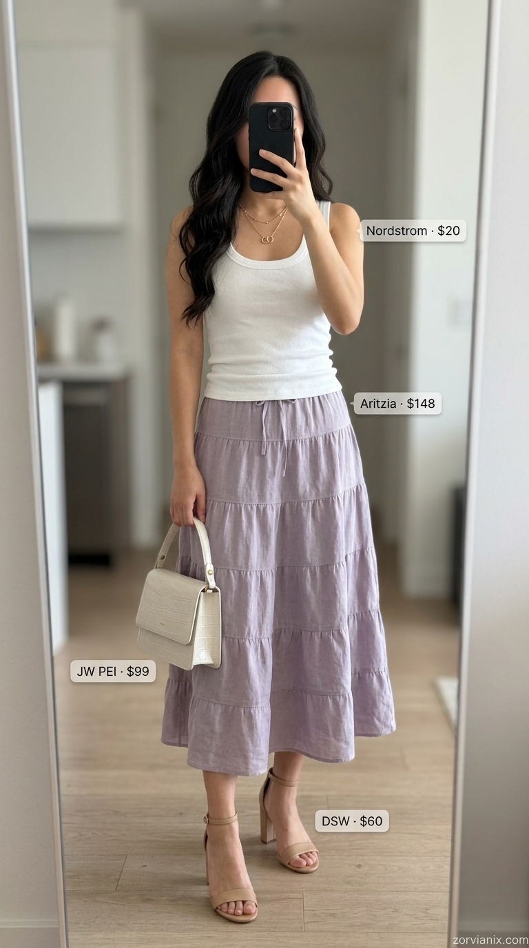 Lavender linen midi skirt with white ribbed tank and strappy sandals for pastel summer outfits for women 2026.