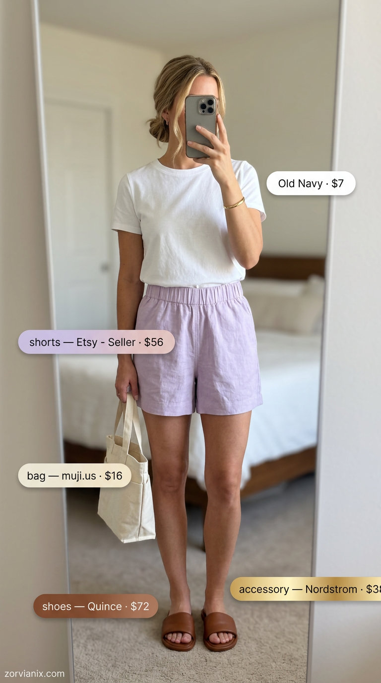 Lavender linen shorts for pastel summer outfits for women 2026. Relaxed casual look with white tee and tan sandals.