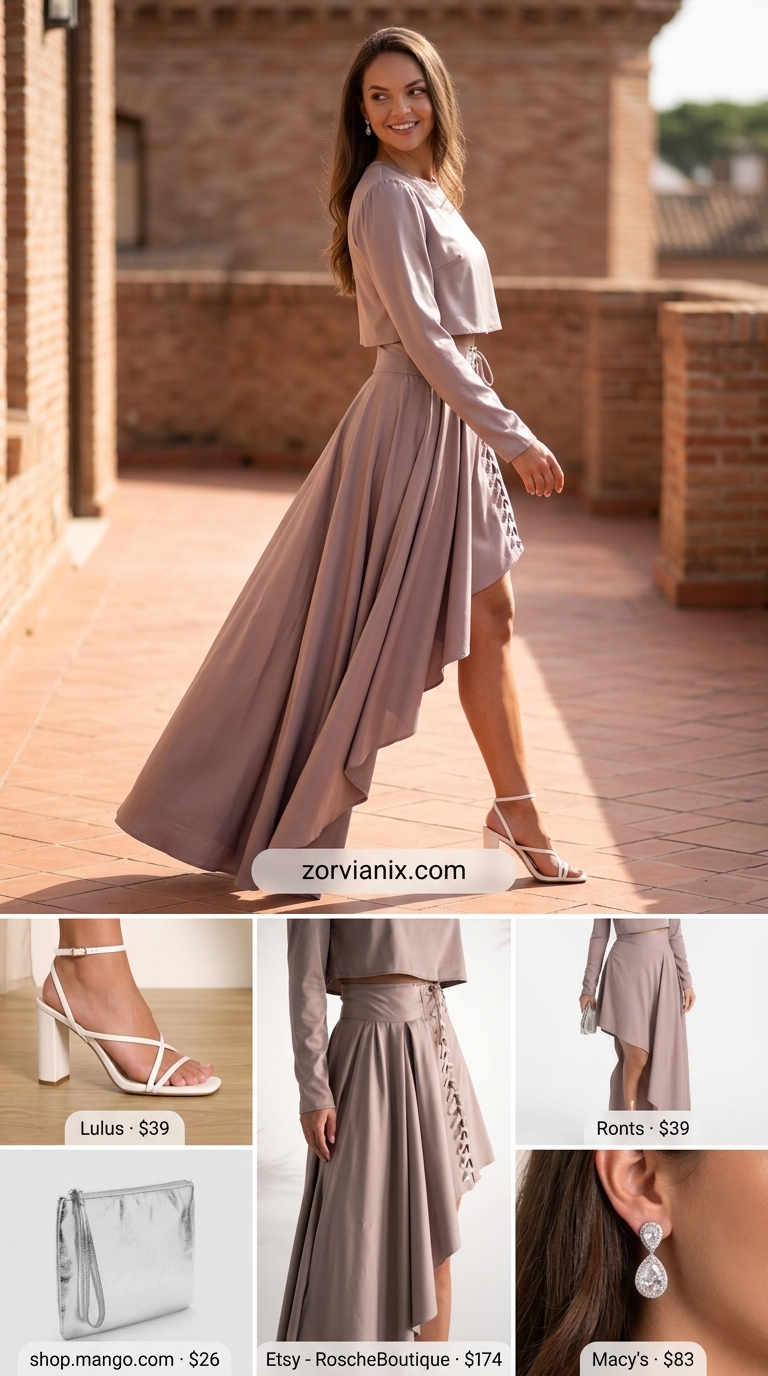 Pastel summer outfits for women 2026: Lilac co-ord set, white heels, silver clutch for a chic summer event.