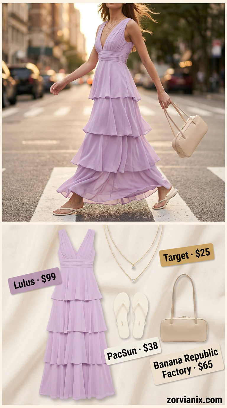 Pastel summer outfits for women 2026: Lilac maxi dress, cream sandals, beige bag, gold necklaces for a garden party.